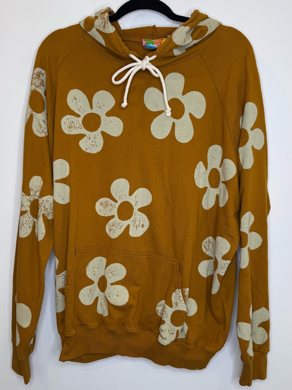 BIG BUD Press Size XL Amber Yellow Cotton Fleece Floral Pullover Pocket Hoody